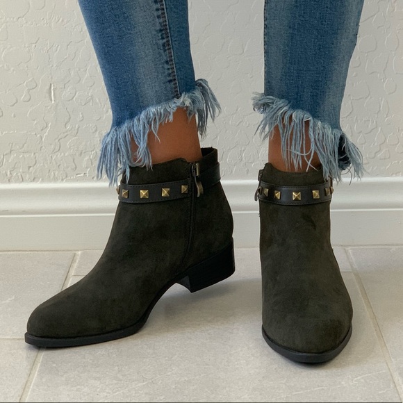 Moss Green Fierce Studded Strap Edge Ankle Bootie - Picture 2 of 8